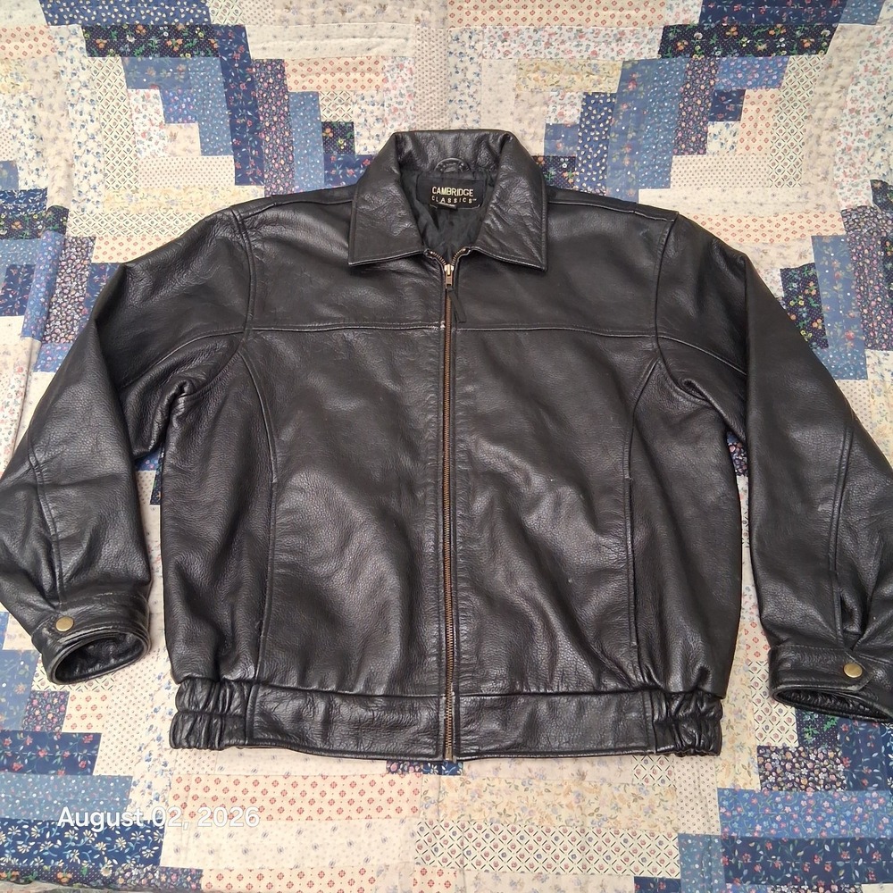 Vintage Cambridge Classics Mens Black Leather Bomber Jacket Quilted Lined Sz XL